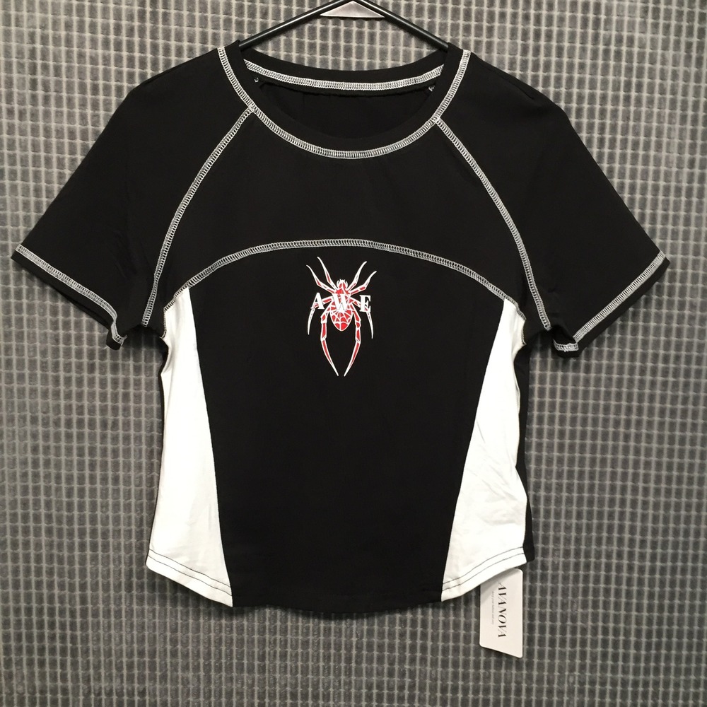 Avanova Womens Crop Top Size M Black NWT Spider Graphic Contrast Stitch Tee‎